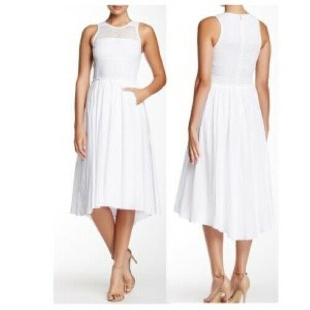 Elegant White Sleeveless Midi Dress with Lace Yoke